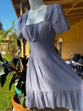 Smocked Waist Lavender Mini Dress with Puff Sleeves
